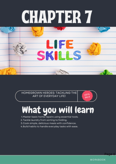 Chapter 7 of a book titled "Life Skills," outlining learning objectives in a colorful design.