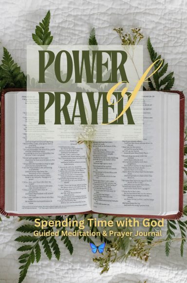 An open Bible surrounded by ferns and flowers, titled "Power of Prayer."