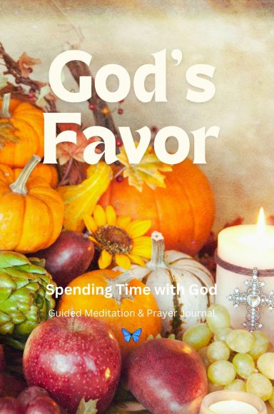 Decorative seasonal arrangement with pumpkins, apples, grapes, and a candle. Text overlay reads "God's Favor."