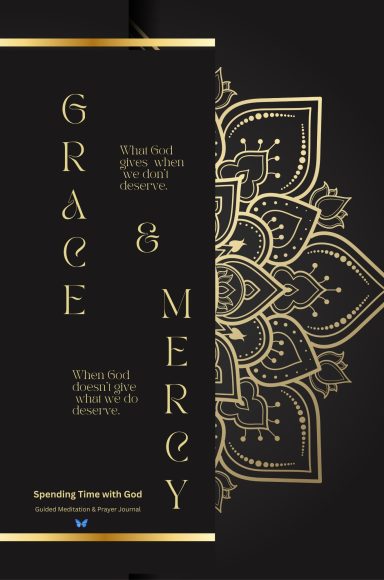Black background featuring gold text and a mandala design, emphasizing "Grace & Mercy."