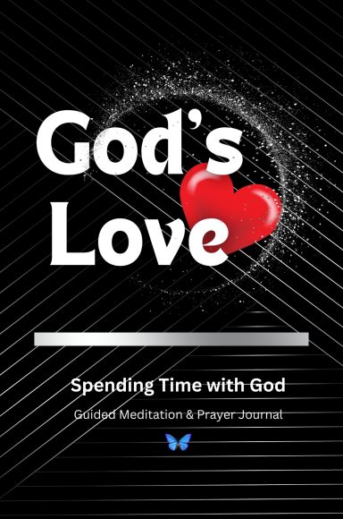 Black background with white text saying "God's Love" and a red heart; journal title below.