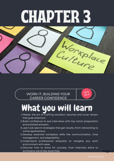 Sticky notes with headings about workplace culture and skills for building confidence.