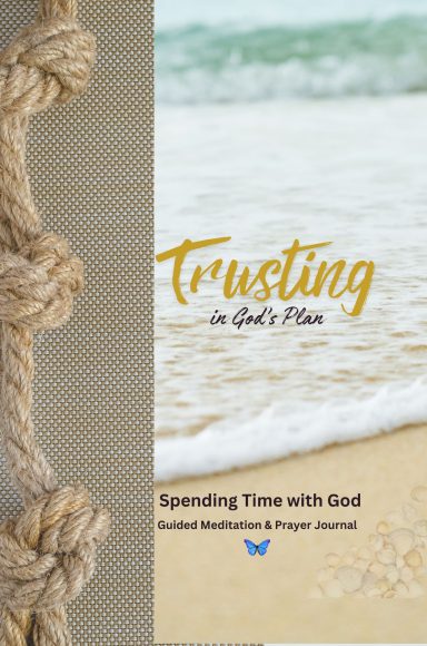 Cover of a prayer journal titled "Trusting in God's Plan" with a beach background and rope.