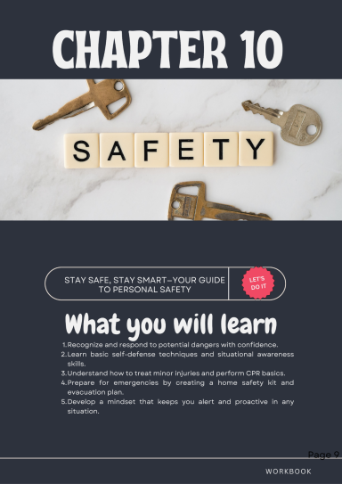 Keys with a "Safety" chapter title, outlining learning objectives on security practices.